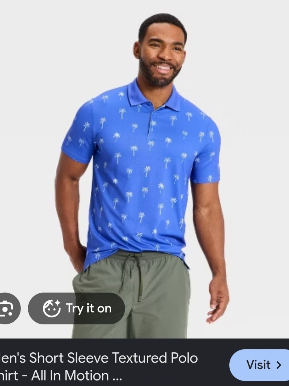 all in motion Blue Short-Sleeve Palm-Print Polo